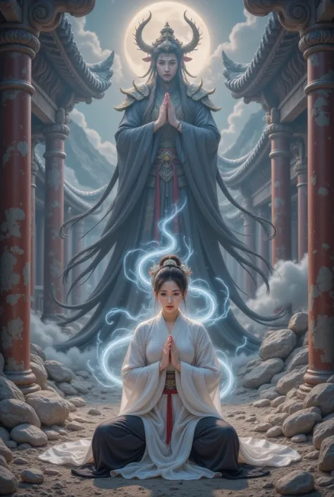 From a birds-eye view, ，Ancient City Ruins/Ruins of ancient cities / Ruins of ancient cities，， of a Japanese man dressed in a white top and black bottom The shrine maiden is amazingly beautiful,  poses in a prayer pose ，Exudes a sense of tranquility. Howev...