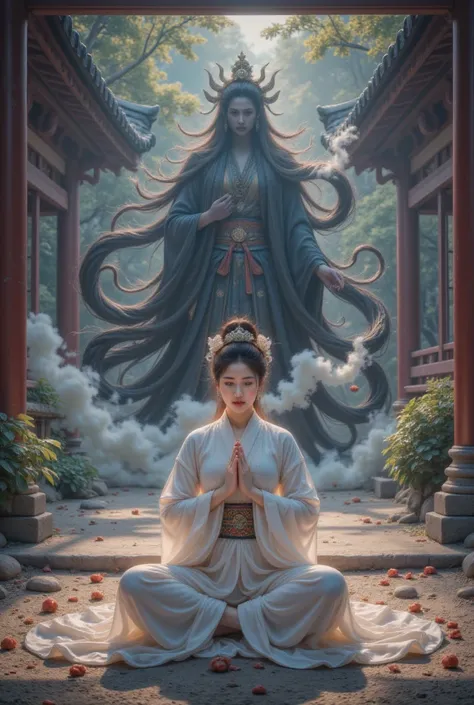 cloud，From a birds-eye view, ， of a Japanese man dressed in a white top and black bottom The shrine maiden is amazingly beautiful,  poses in a prayer pose ，Exudes a sense of tranquility. However,  An ominous atmosphere looms behind her ,  The samurais reve...