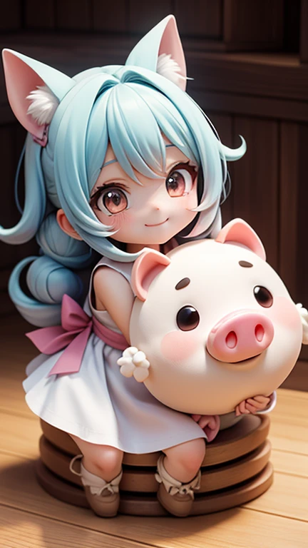 8k⒉5D Anime Japan Character Style 1 cute  in a white Gothic dress with a big ruby eye that fits into a round face, smiling and sitting in a big wooden chair with her favorite stuffed pig in her arms