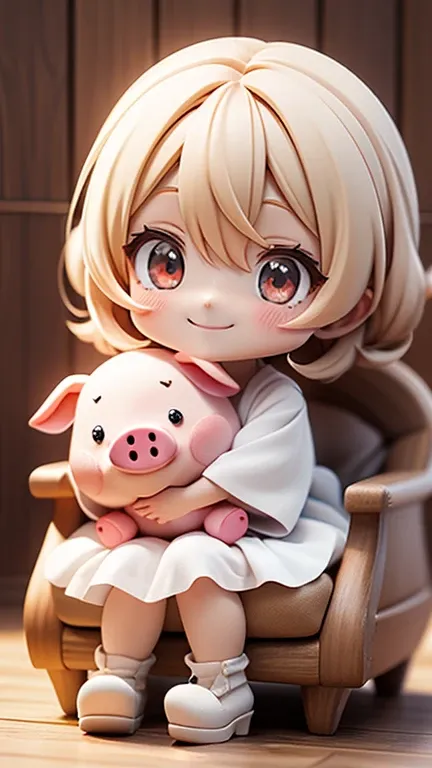 8k⒉5D Anime Japan Character Style 1 cute  in a white Gothic dress with a big ruby eye that fits into a round face, smiling and sitting in a big wooden chair with her favorite stuffed pig in her arms