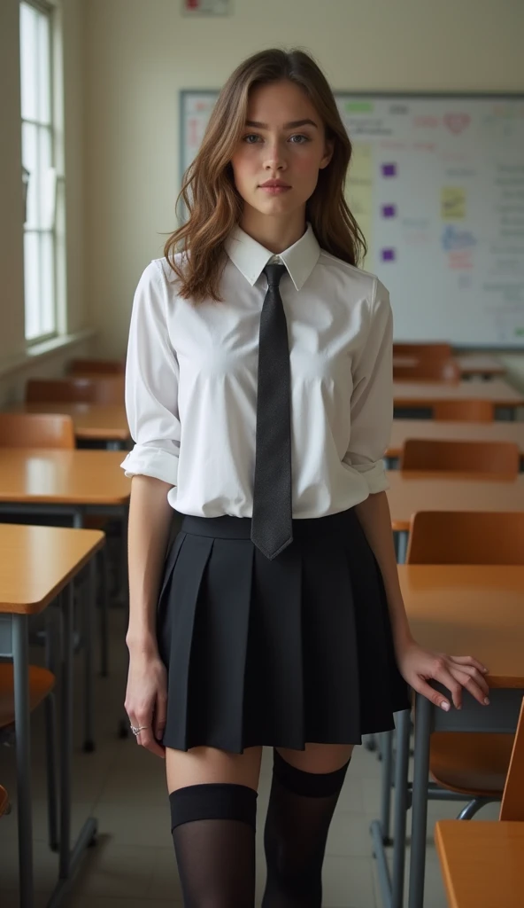  Beautiful sexy girl-,  young schoolgirl, wearing a blouse , Mini-skirt,  black tights ,  full body, in class,