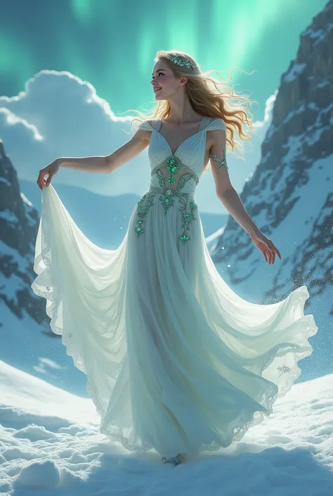  Dancing in a snowy landscape ,  Wearing a fluttering white dress ,  Embellished with emerald jewels ,   a confident smile surrounded by swirling clouds against the background of mountains, ( best quality,4K,8k, high definition ,  Masterpiece :1.2), ultra ...