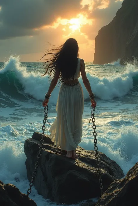 A dramatic scene of Andromeda from Greek mythology, bound by chains at the shoreline, facing directly forward. She is a beautiful woman with long flowing dark hair, her arms stretched out and shackled to the sides of a large, jagged rock. The rock is posit...