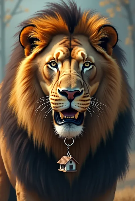 a lion holding a house keychain in its mouth as a symbol of a house