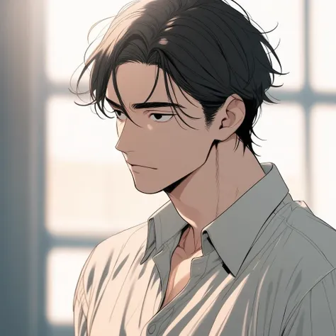 Man, handsome, short black hair, black eyes, shirt