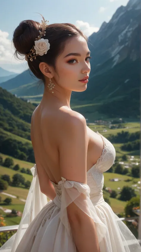 create in the style of the xuanhuan movie, a woman as beautiful as the goddess of heaven, wearing a typical West Javanese kebaya with her hair tied in a bun, dancing jaipong. The background is typical rural rice fields and mountains.