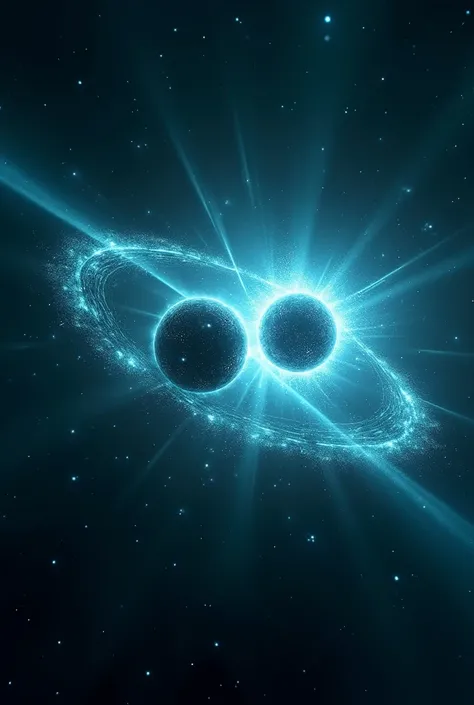 Two neutron stars that revolve around each other and emit light and blue-turquoise rays in space with each pulse.