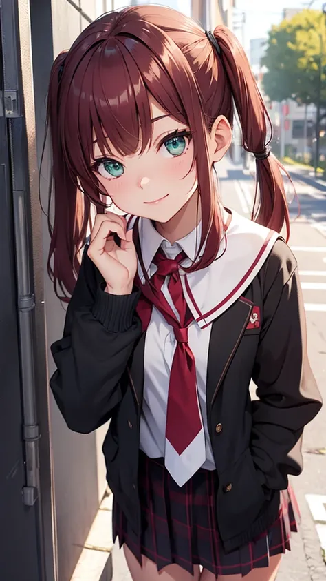 　Junior high school students　Bordeaux-colored hair 　Short Pigtails　 Dark Green Eyes　 school uniform　Fair skin　smile　Cherry-colored lips　 s