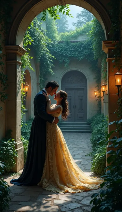 "A hidden garden courtyard with couples discreetly slipping into doorways. In the foreground, a noblewoman lifts her skirts slightly as her lover pulls her into a secluded alcove, their passionate connection palpable in the moonlight."