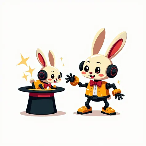 cute rabbit robot, take out another rabbit robot from the black magic hat by pulling its ears, full body mechanical robot, wild and crazy emotions, vector cartoon style, in white background