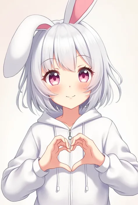 Beautiful anime girl with white short hair 
smiling, she shows her hands a heart in a white bunny suit 