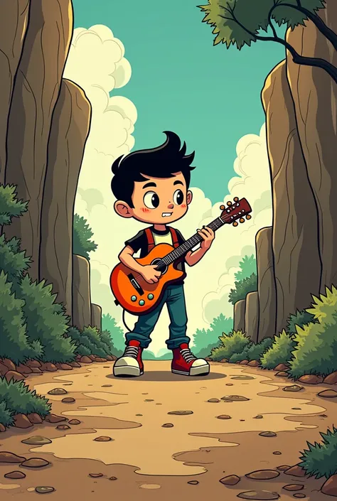 A boy holding a guitar about to step on something,  style seen from the perspective of what you are going to walk on, Use a retro Cartoon style like that of Cuphead