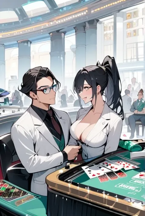 Black hair, ponytail, glasses, dealer, casino, blackjack