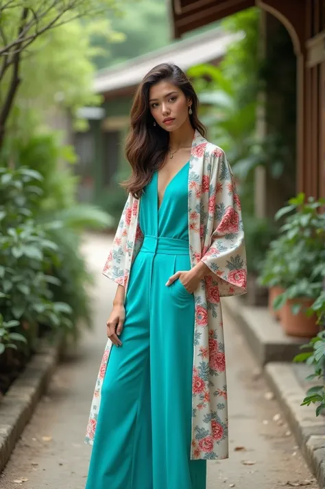 A stylish young woman stands confidently in a vibrant turquoise jumpsuit, complemented by a floral kimono. Set in a serene outdoor environment, with lush greenery and rustic pathways. The scene exudes a relaxed yet chic vibe, ideal for a summer outing. Cap...