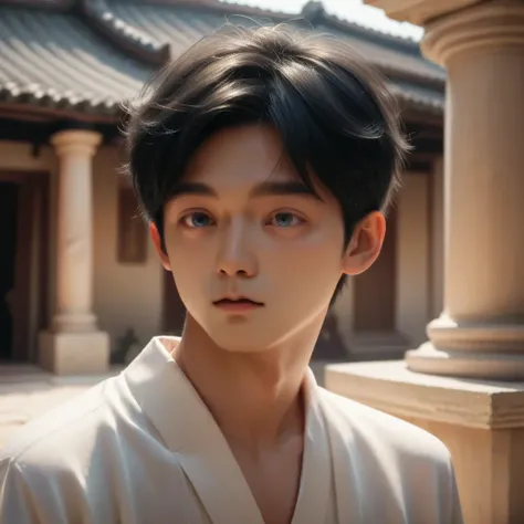 Perform a ceremony in a Greek temple,japanese boy, 19-years-old,small face,round face,dark blue eyes, black hair,Quality clothing,(slim),(small:0.9),(perfect hand)8k,( Realistic)