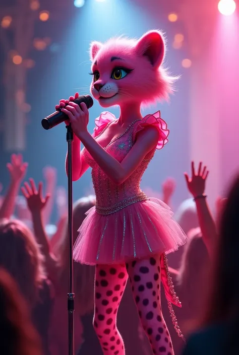 A pink female cheetah is singing in front of a microphone at a live venue、cute、Cheetahs are wearing clothes dresses