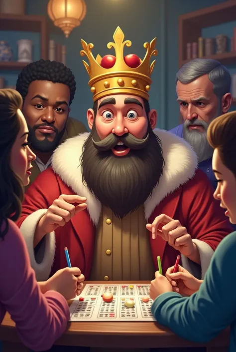 Bearded king with an animated crown ,  playing BINGO with several different people 
