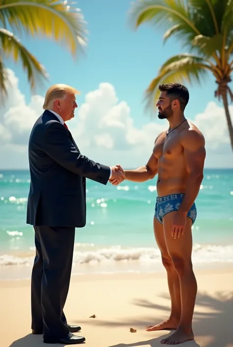 Donald trump and dani mocanu shaking hands on a beach