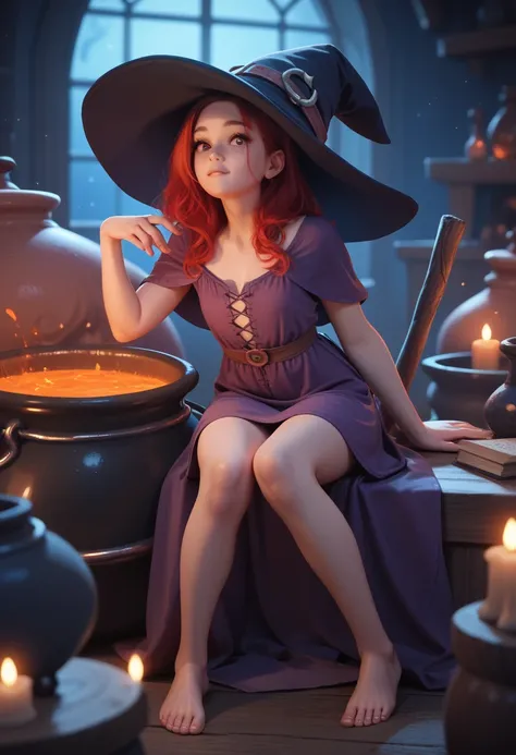  cute pale girl ,  red hair ,  sexy white red and purple dress,  full body, bare feet, witch, night background, witch cauldron