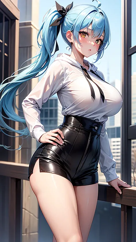 masterpiece, extremely definition, extremely detailed, extremely quality, clean line drawing, (side ponytail: 1.75), (young beautiful lady, solo, 1 lady, cute, standing, (big breasts: 1.5), two breasts, light blue hair, (very big black ribbon, oversized ho...