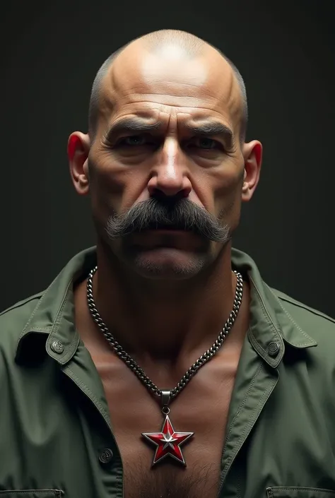  I want you to create a picture of a prisoner ,  be a real human type .  big build , head bald ,  with a hunched mustache and a muscular man up to his chin. Let the necklace be the moon star turkish flag