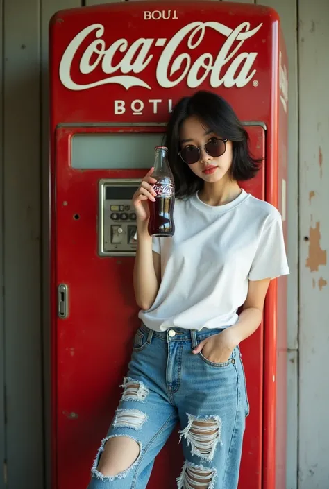 A super detailed shot of a beautiful Taiwanese girl leaning against an old vintage red Coca Cola bottle vending machine. She is wearing ripped jeans, a white T-shirt, old sneakers, messy hair, and dark sunglasses. She is holding an ice cold Coca Cola in on...