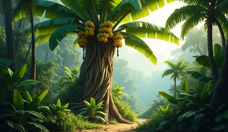 "A vibrant banana trunk a lush jungle, its tall, thick trunk supporting large, green leaves. The trunk is sturdy and fibrous, with clusters of bananas hanging from the branches. Sunlight filters through the dense jungle canopy, casting soft light on the tr...