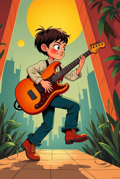  A boy holding an electric guitar about to step on something,  style seen from the perspective of what you are going to walk on, Use a retro Cartoon style like the one from the twenties 