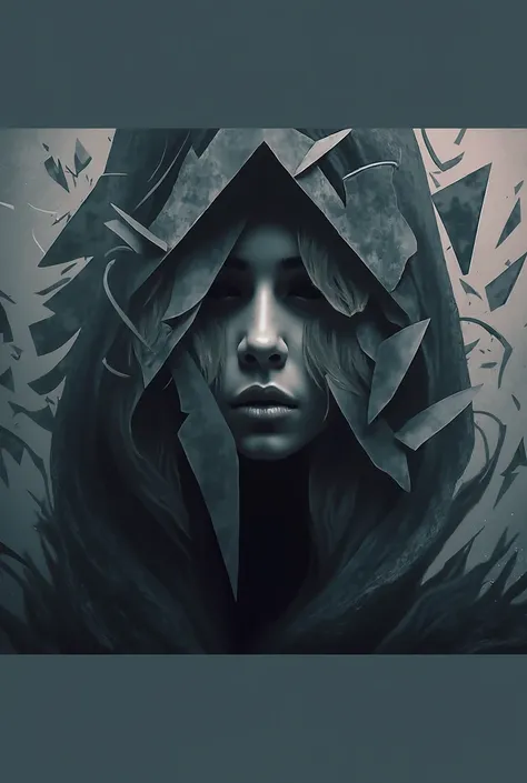 A surreal, dark, and enigmatic portrait of a hooded figure with sharp, fragmented edges resembling shards of glass. The face is expressionless, pale, and shadowed, blending into an abstract, smoky background. The atmosphere is ominous and mysterious, with ...