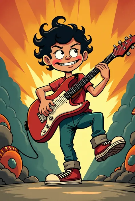  A boy holding an electric guitar about to step on something,  style seen from the perspective of what you are going to walk on, Use a retro Cartoon style like the one from the twenties 