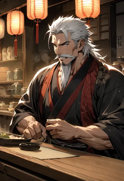 ((mature male)), white hair, [muscular], short hair, long mustache, goatee, black japanese clothes, counter, solo, feudal japan, lanterns