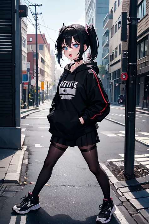 a solo cute femboy, short pigtail hair ,black eye, eye makeup ,open mouth , wearing a black graffti hoodies and black skirt, black pantyhose ,wearing a sneaker, h cup breast , standing in front of a house at night time.