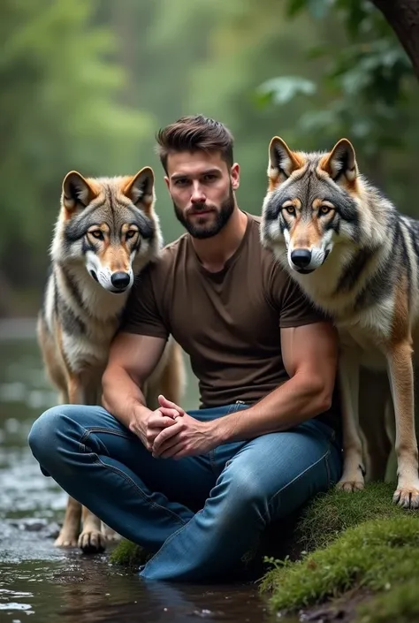 a majestic scene unfolds: a 30-year-old man with a chiseled physique, quaff hairstyle, and trimmed beard, sits beside a serene river in a lush jungle. he wears blue fancy jeans and a brown shirt, his athletic body glistening in the soft light. a subtle smi