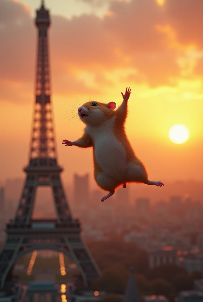 An Eiffel Tower where a hamster jumps down with a backflip the sun sets