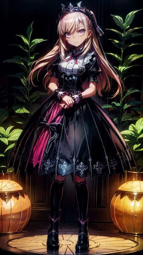  Anime Style、story、、   pretty girl 、とてもcute天使、  pink gothic dress 、cute、baby face、smile、  Long Skirt 、   black boots 、Very cute headband
