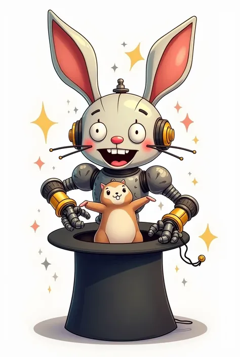 cute rabbit robot, take out another rabbit from the black magic hat by pulling its ears, full body mechanical robot, wild and crazy emotions, vector cartoon style, in white background