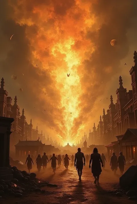  The city of Sodom under a shower of brimstone and fire and a title at the bottom that reads "Sodom and Gomorrah "