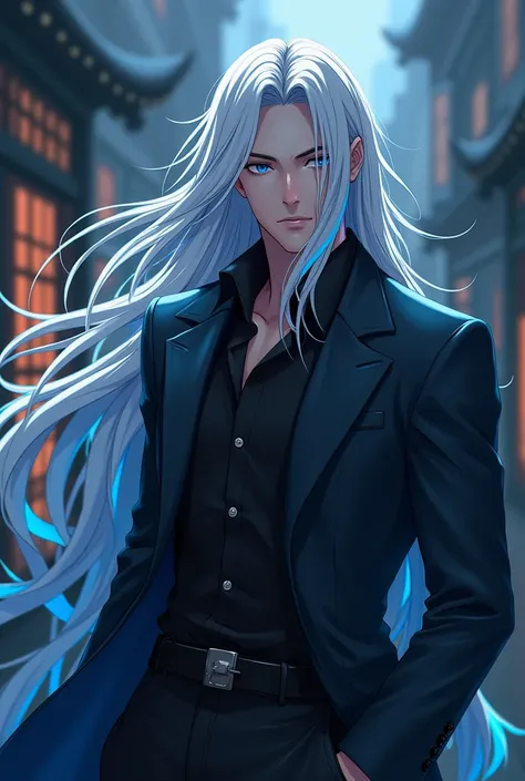 Its a man with long white hair, highlights his blue hair, handsome but stealthy with his cuteness, standing near the anime.