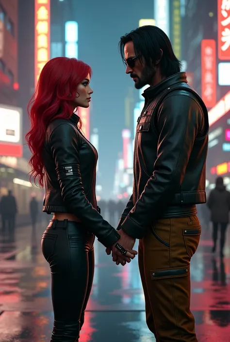 On the right is Johnny Silverhand (Keanu Reeves)  He is wearing his well-known bulletproof vest ,  black sunspots and his brown leather pants . 


 On the left is the female Valerie 

She has long red hair and wears a leather jacket with tight leather pant...