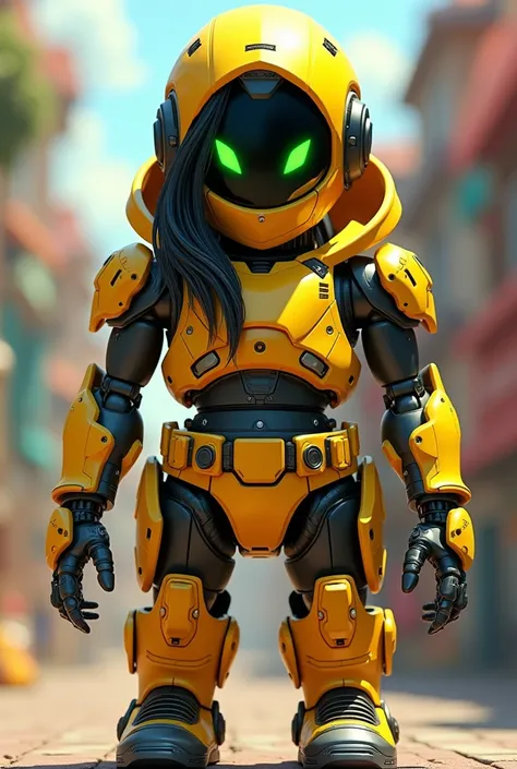 a ninja robot with bright yellow armor and helmet, strands of hair on the back of its head, black arms and legs, yellow chestplate, green eyes and metallic boots in pixar style 