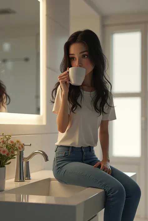 Mikayla campinos sitting on a sink drinking a coffee
