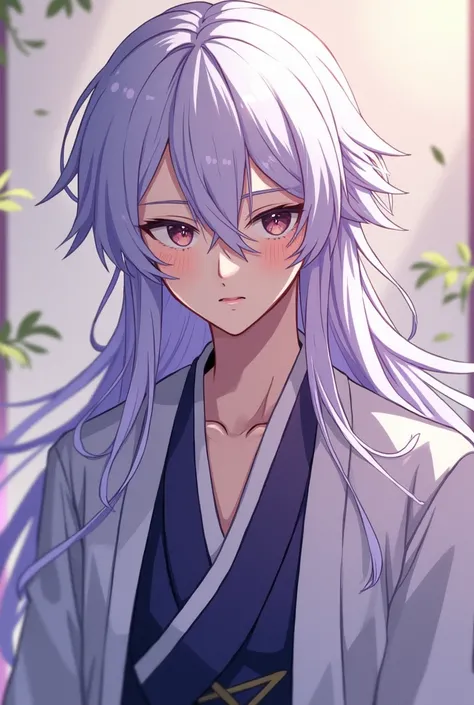 Androgynous male character anime style long hair white color slightly tinged with purple with an Asian outfit 