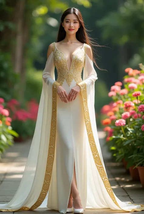 A full-body portrait of a 24-year-old Thai woman with long, flowing hair, wearing an elegant traditional Thai dress in pure white with intricate gold patterns. The outfit reflects the sophistication of the Ayutthaya era, complete with a gracefully draped g...