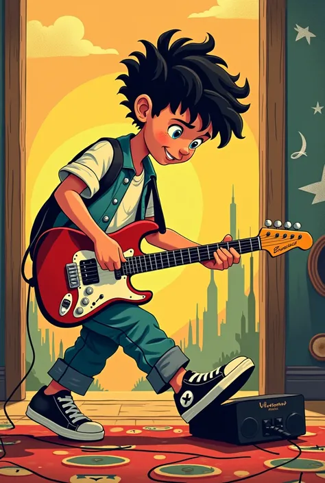 A boy holding an electric guitar about to step on a guitar pedal,  style seen from the perspective of what you are going to walk on, Use a retro Cartoon style like the one from the twenties 