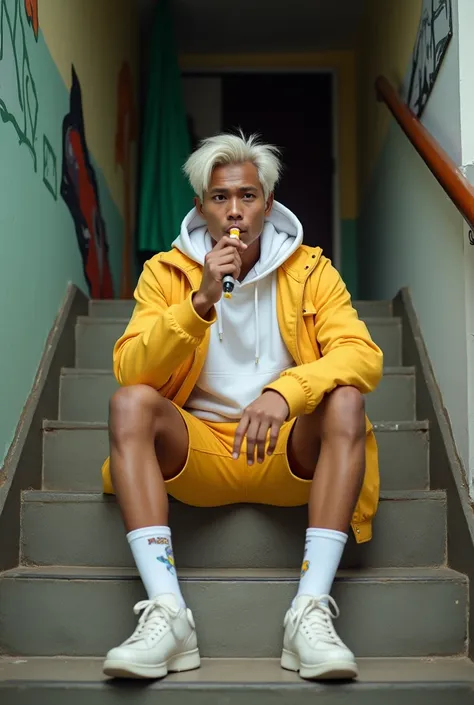  Photography of a handsome Indonesian man , white hair,  wearing white hodie ,  wearing a yellow gold jacket , yellow gold shorts ,  nipple socks ,  and white snaker ,  sitting at the bottom of a staircase flanked to the left and right of a pictorial wall,...