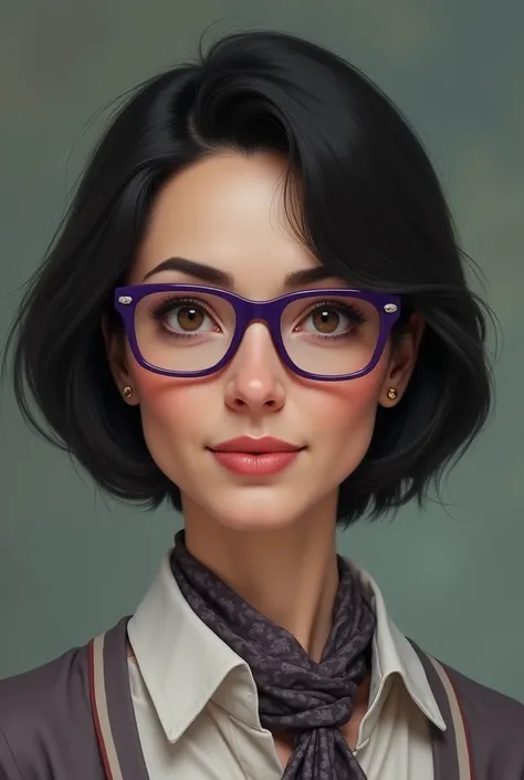 Teacher with black hair and purple eyeglasses who is called Natalia