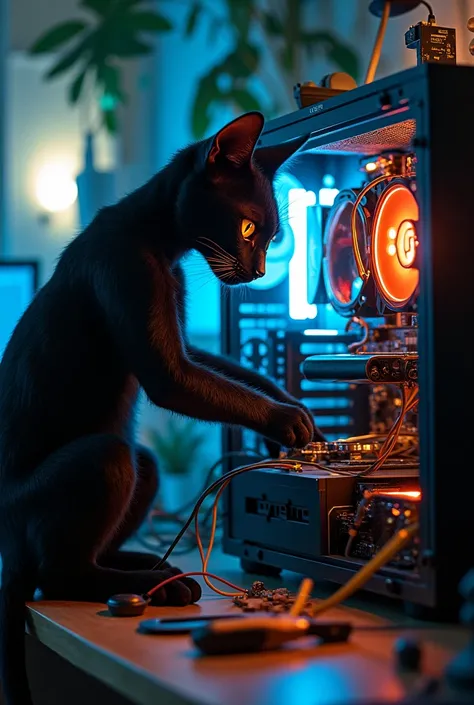 Humanoid black cat repairing a gamer computer with bottomless tools