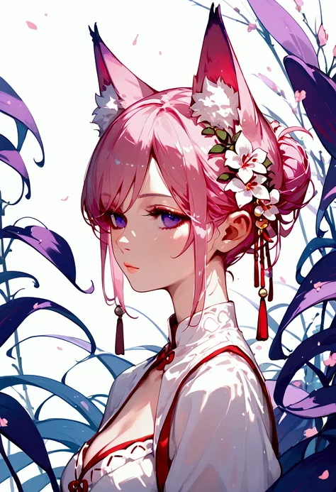 (masterpiece) (detailed) score_9,score_8_up,score_7_up,),score_9,score_8_up,score_7_up, in house, 1Girl, bust up, Pink hair, purple eyes, kitsune tail, kitsune ears, small bust, white miko girl dress with red skirt