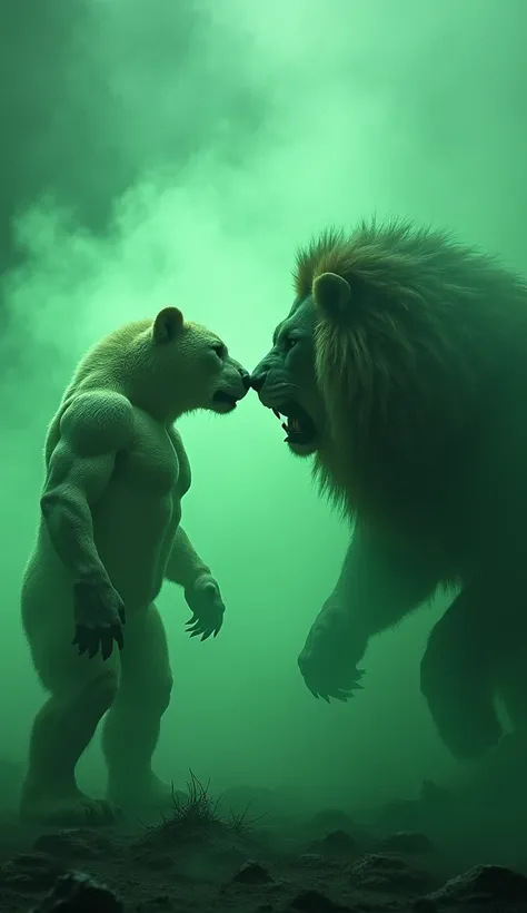 Give me detailed instructions on these two "First, create an image where a [translucent anthropomorphic bear] and a [anthropomorphic lion] are placed together, both furious and facing each other. Make sure the background matches your expressions, with a gr...