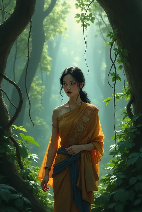 Woman wearing Thai dress shocked and worried in forest